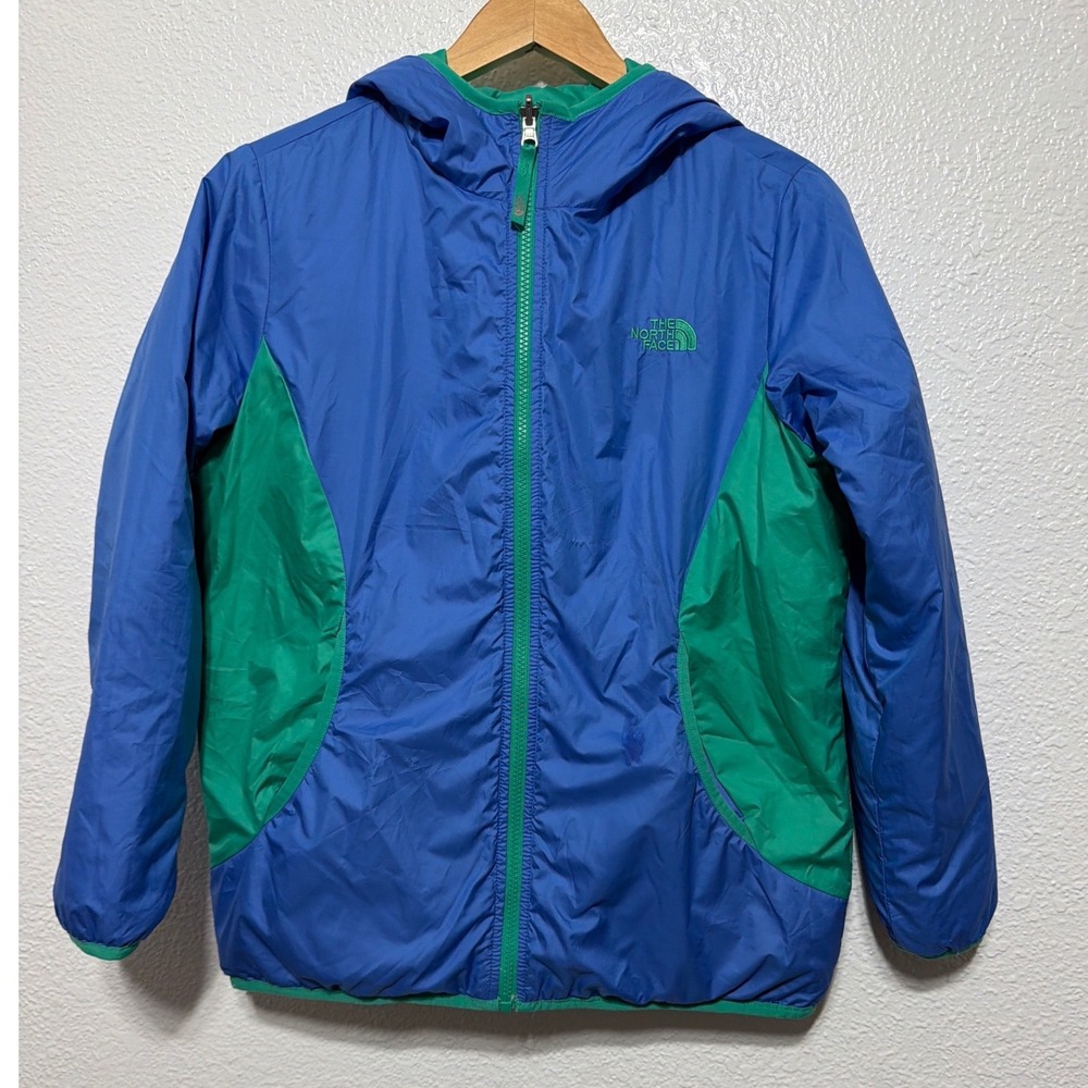 The North Face Girls XL 18 Reversible Puffer Jacket Blue Green Hooded Full Zip